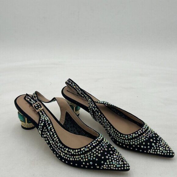 Women Pointed Toe Slingback Wedding Pumps Chunky Low Heel Rhinestone Sandals - Picture 2 of 8